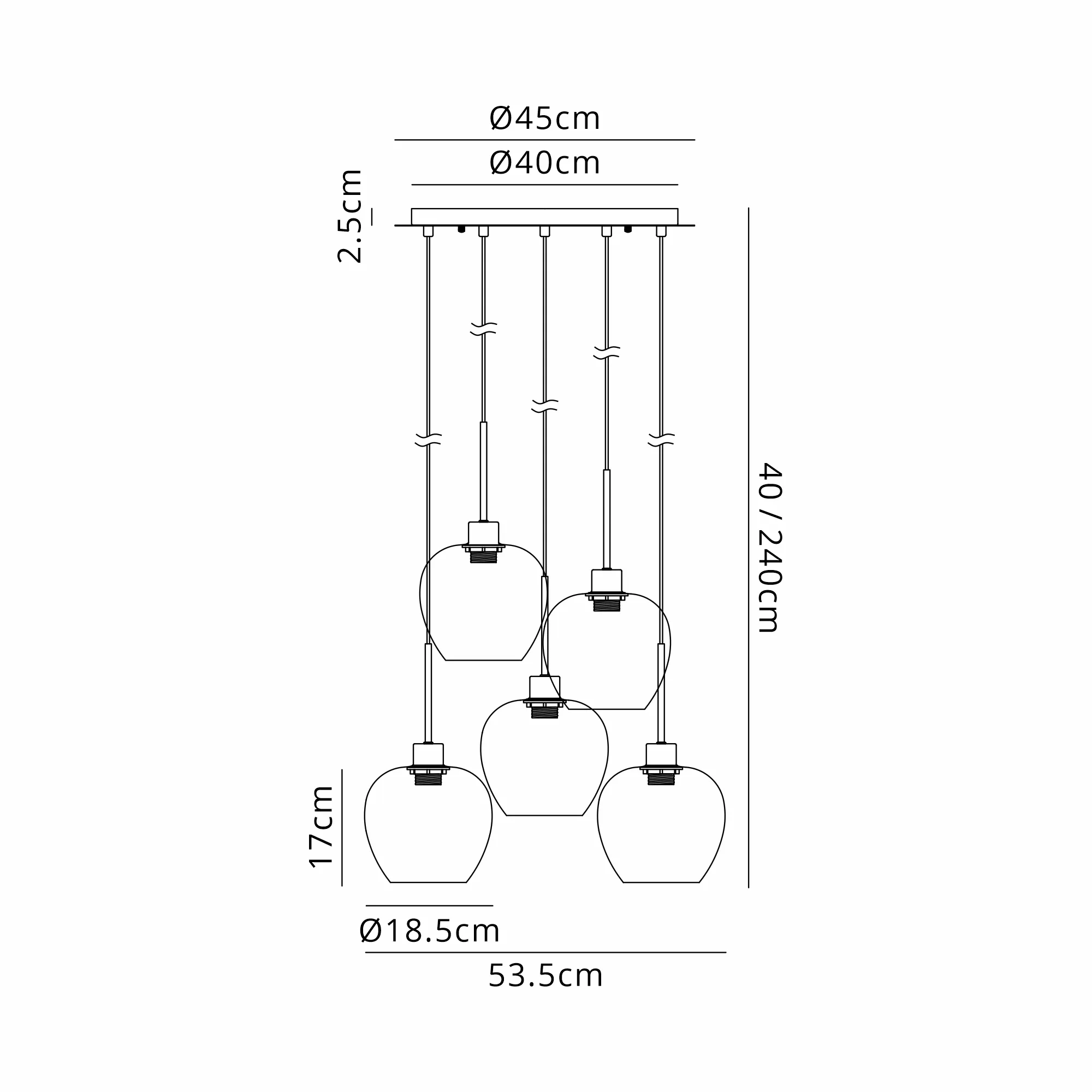 DK1293  Lori 45cm Round Pendant, 5 Light Adjustable E27, Polished Chrome/Chrome/Opal/Clear Wine Shades